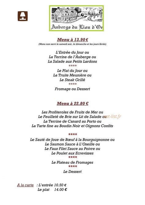 du lion d'or menu.